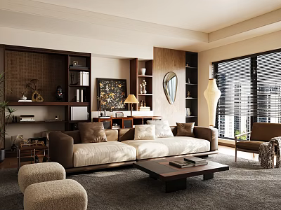 Sunlit Warm Contemporary Living Room With Integrated Wooden Storage Shelves And Cozy Oversized Sofa 3d model