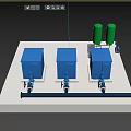 Industrial Equipment With Blue Main Units Green Cylindrical Components Piped Connections On White Platform