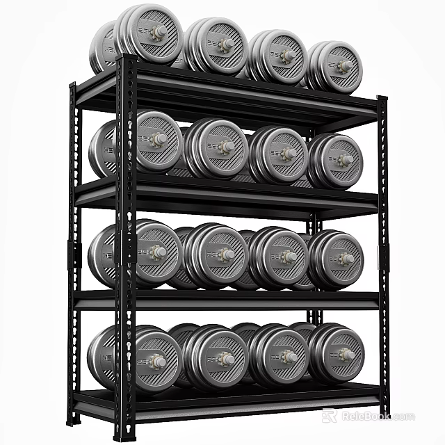 Black Multi Tiered Shelving Unit With Neatly Arranged Silver Dumbbell Plates 3d model 