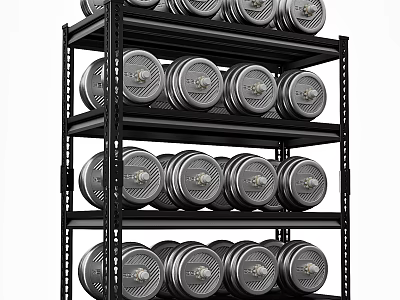 Black Multi Tiered Shelving Unit With Neatly Arranged Silver Dumbbell Plates 3d model