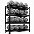 Black Multi Tiered Shelving Unit With Neatly Arranged Silver Dumbbell Plates