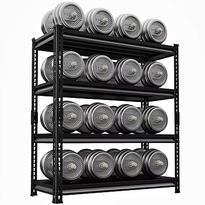 Black Multi Tiered Shelving Unit With Neatly Arranged Silver Dumbbell Plates 3d model