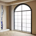Elegant Arched Floor to Ceiling Window With Black Frame Frosted Glass and Beige Curtains 3d model