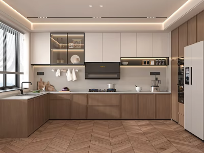 Modern Kitchen Interior Design With Wooden Cabinets White Refrigerator And Island Counter 3d model