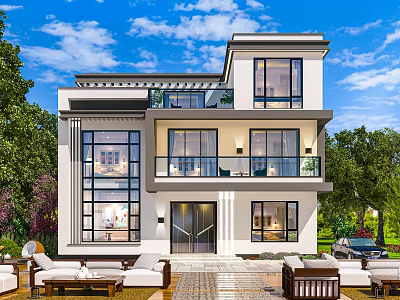 Modern Two Story Detached Villa with Large Windows Balcony and Courtyard Greenery 3d model