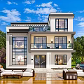Modern Two Story Detached Villa with Large Windows Balcony and Courtyard Greenery