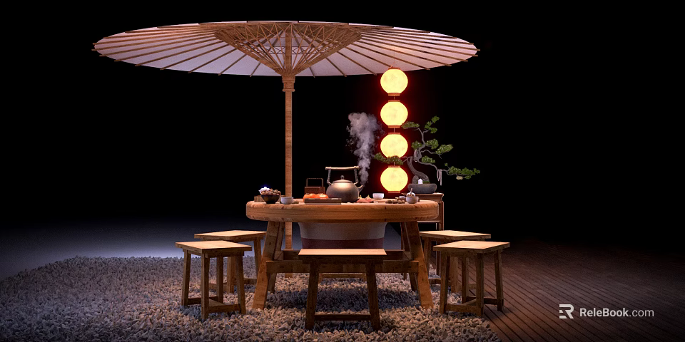Traditional Tea Table and Chairs with Bamboo Umbrella Lanterns Tea Set and Steam 3d model 