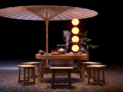 Traditional Tea Table and Chairs with Bamboo Umbrella Lanterns Tea Set and Steam 3d model
