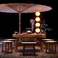 Traditional Tea Table and Chairs with Bamboo Umbrella Lanterns Tea Set and Steam