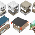 Colorful Retail Kiosk Designs With Various Roof Styles And Brand Logos For Market Spaces