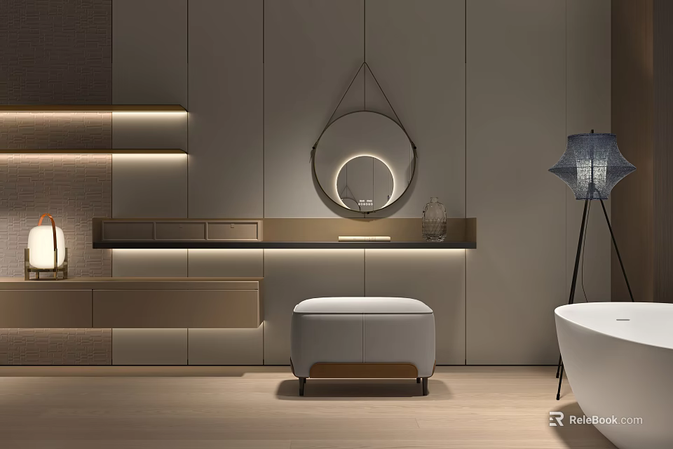 Modern Dressing Table with Round Mirror Dark Countertop White Padded Stool and Lighting in Bathroom 3d model 