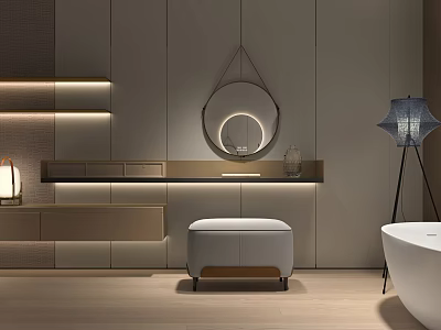Modern Dressing Table with Round Mirror Dark Countertop White Padded Stool and Lighting in Bathroom 3d model