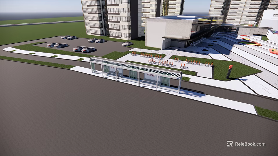 Modern Urban Bus Station With Glass Shelter Parking Lot Cars And Tall Buildings 3d model 