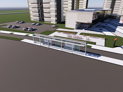 Modern Urban Bus Station With Glass Shelter Parking Lot Cars And Tall Buildings 3d model