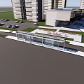 Modern Urban Bus Station With Glass Shelter Parking Lot Cars And Tall Buildings