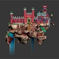 Cartoon Scene Of Floating Island With Colorful Castles Buildings Trees And Waterfall