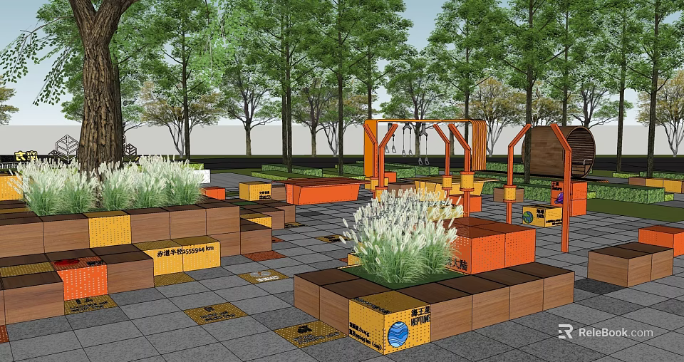 Outdoor Children's Play Area With Wooden Crates Orange Yellow Structures And Green Plants 3d model 