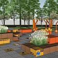 Outdoor Children's Play Area With Wooden Crates Orange Yellow Structures And Green Plants