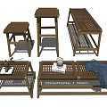 Nordic Stool Rattan Long Bench 3d model