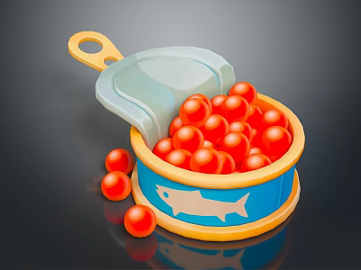 Open Canned Food With Red Balls Scattered Around Blue Container And Yellow Fish Design 3d model