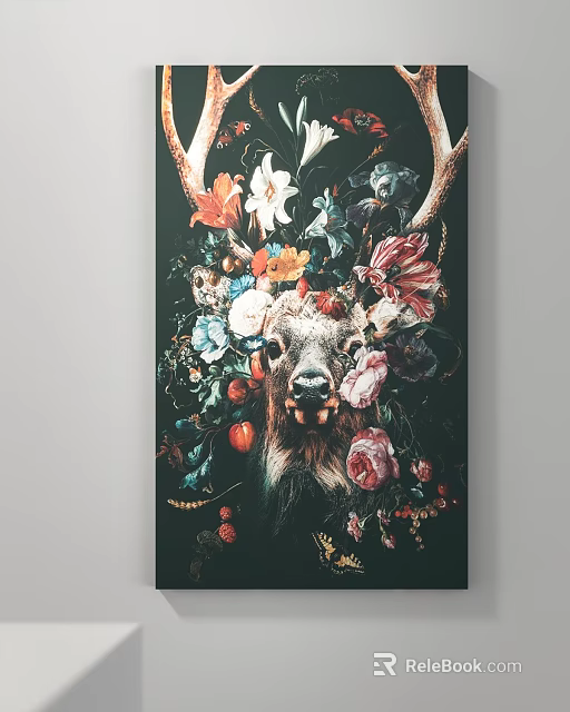 Artistic Deer Head Wall Art With Colorful Flowers Fruits And Plants 3d model 
