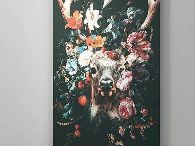 Artistic Deer Head Wall Art With Colorful Flowers Fruits And Plants 3d model