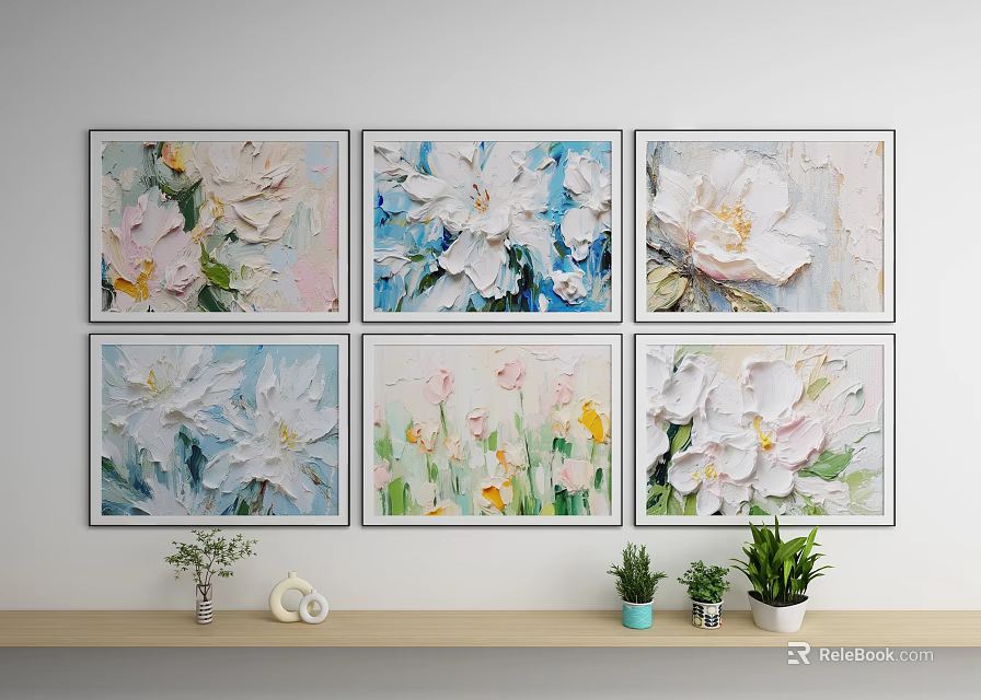 Six Colorful Textured Floral Oil Paintings For Wall Decor With White Pink Blue Yellow Flowers 3d model 