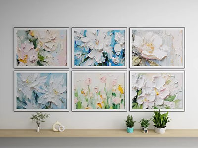 Six Colorful Textured Floral Oil Paintings For Wall Decor With White Pink Blue Yellow Flowers 3d model