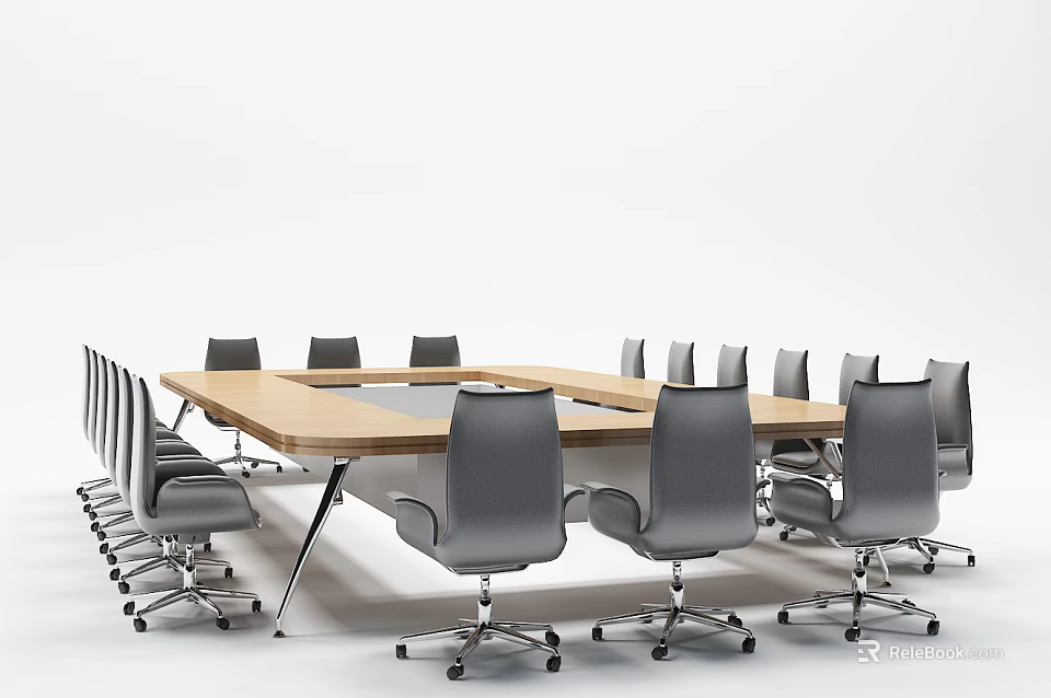 Modern Conference Table With Wooden Top Metal Frame And Rolling Office Chairs 3d model 