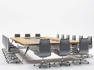 Modern Conference Table With Wooden Top Metal Frame And Rolling Office Chairs 3d model