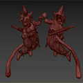Two Anime Character Statues in Jumping Pose with Orange Clothing Black Hair Holding Red Staff