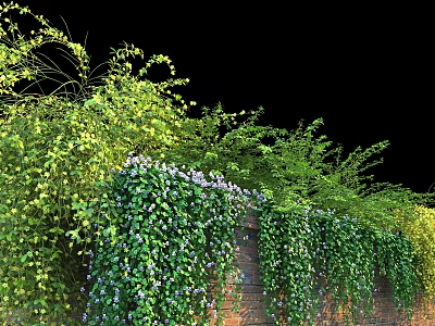 Lush Green Vines With Purple Flowers Covering Brick Wall Garden Decor 3d model