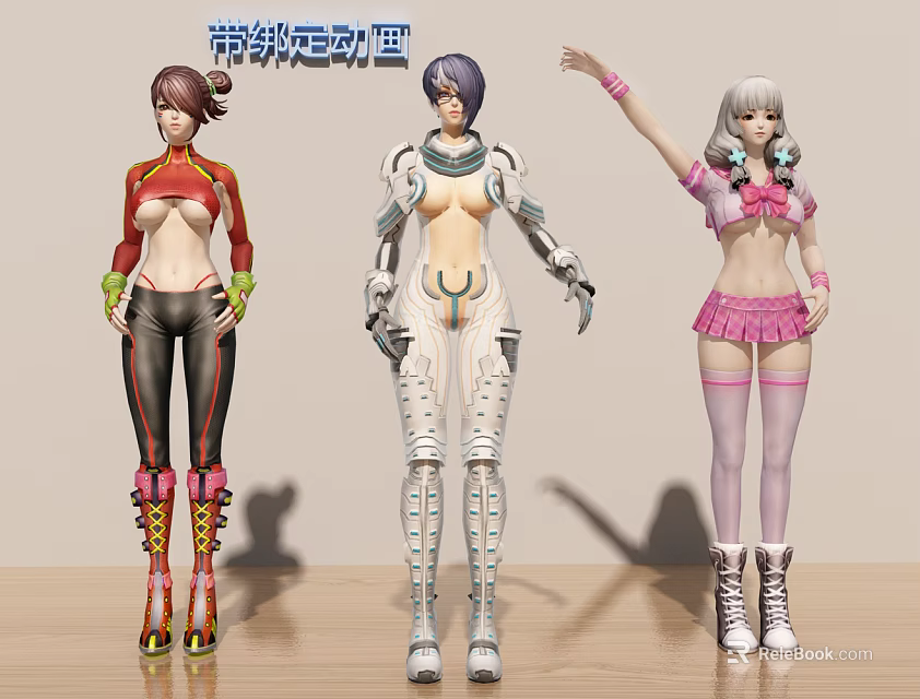 Three Game Movie Characters In Mechanical Sexy Pink Outfits With Various Hairstyles 3d model 