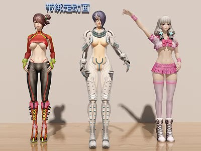 Three Game Movie Characters In Mechanical Sexy Pink Outfits With Various Hairstyles 3d model