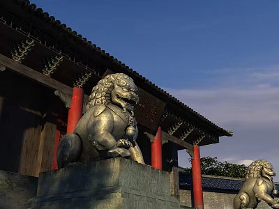 Traditional Ancient Architecture Featuring Stone Lions Red Pillars and Classic Eave Designs 3d model