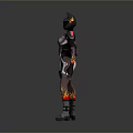 Futuristic Warrior Character In White Black Armored Outfit With Red Helmet And Flame Patterns