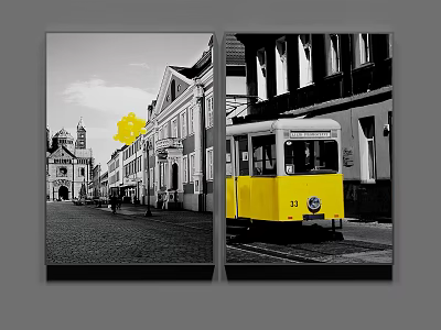 Landscape Painting Featuring Black and White Street with Buildings Church and Yellow Tram 3d model