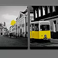Landscape Painting Featuring Black and White Street with Buildings Church and Yellow Tram