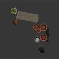Rustic Wooden Shelf Display With Metal Buckets Clay Pots Green Plants And Garden Cart