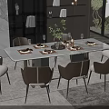 Modern Dining Table Set With Marble Top Brown Chairs Tableware Wine Glasses Candle Green Plant
