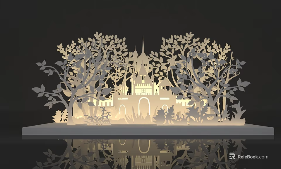 Intricate Paper Cut Art Design With Castle Trees Lighting And Reflection 3d model 