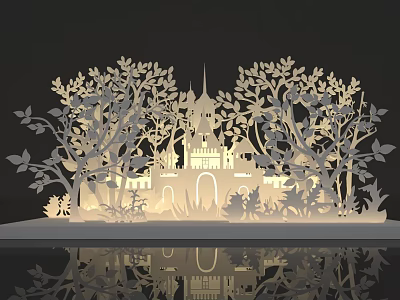 Intricate Paper Cut Art Design With Castle Trees Lighting And Reflection 3d model