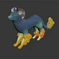 Enchanting Fantasy Game Character With Blue Star Dotted Body Purple Horned Head Yellow Flame Paws Tail