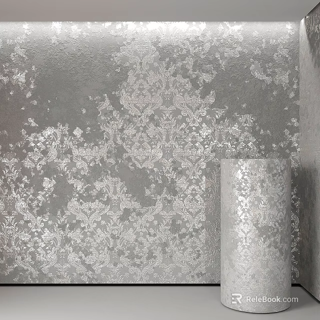 Silver Textured Wallpaper With Intricate Decorative Pattern And Roll Design 3d model