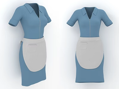 Blue Collared Short Sleeve Dresses with Zipper Front and Light Gray Apron Featuring Pocket Design 3d model