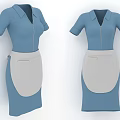 Blue Collared Short Sleeve Dresses with Zipper Front and Light Gray Apron Featuring Pocket Design
