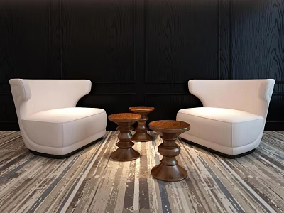 Curved White Casual Sofa Set with Wooden Tables on Striped Carpet and Dark Walls 3d model