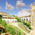 European Style Architecture Complex With Clock Tower And Garden Landscape