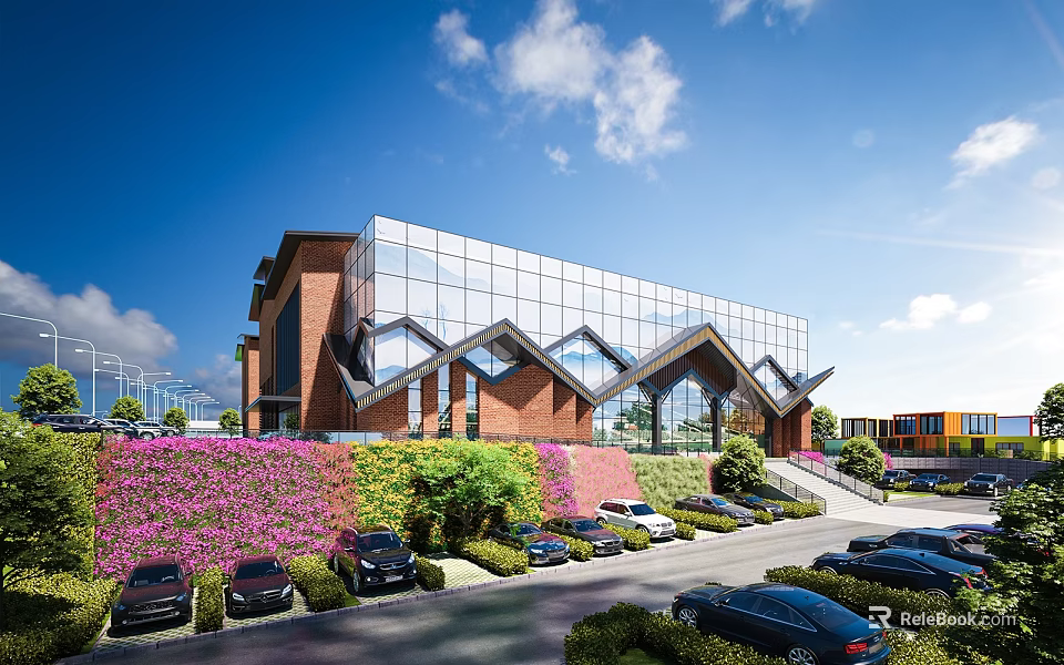 Vibrant Park Landscape With Colorful Flower Green Wall Trees And Lawn Under Blue Sky 3d model 