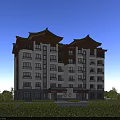 Chinese Style Multi story Residential Building With Traditional Overhanging Eaves And Green Surroundings